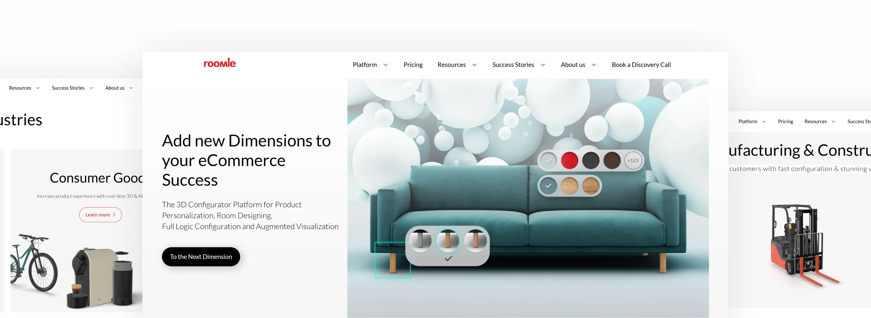 A collection of multiple screenhots of the Roomle website