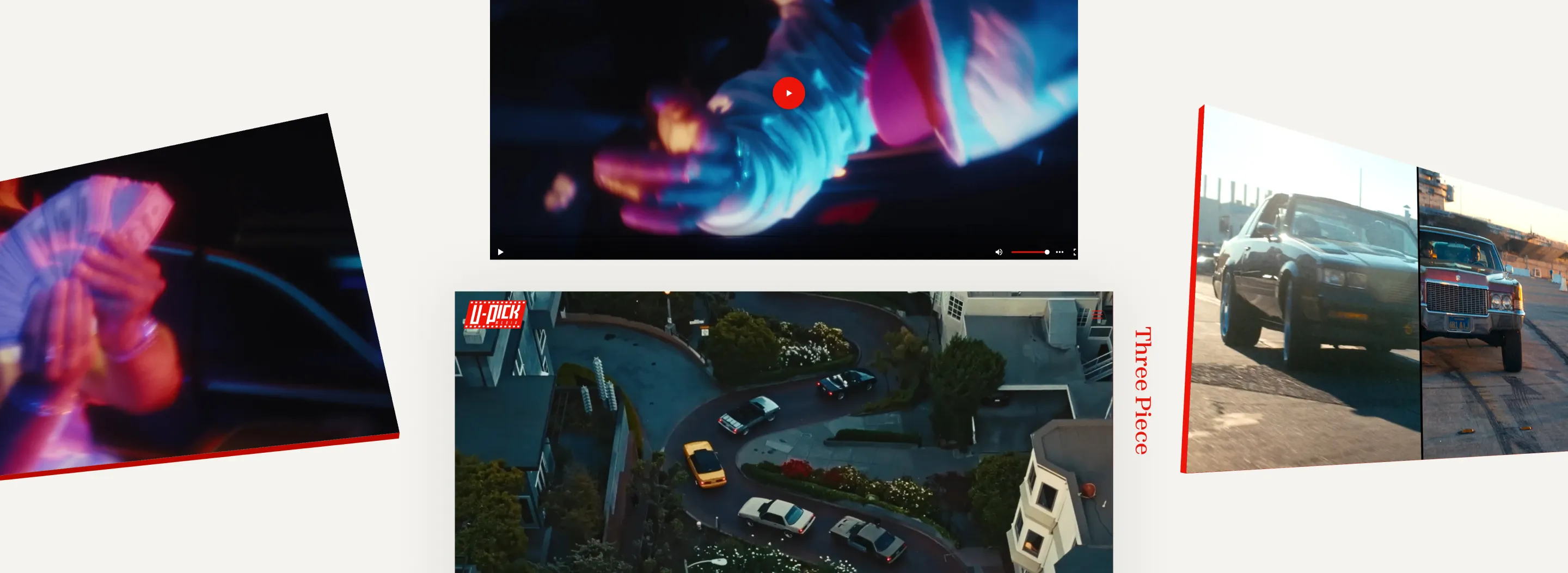 Collage of video stills showing a hand with money, a hand in a glove holding something, a winding street with cars, and two vintage cars with the text 'Three Piece'.