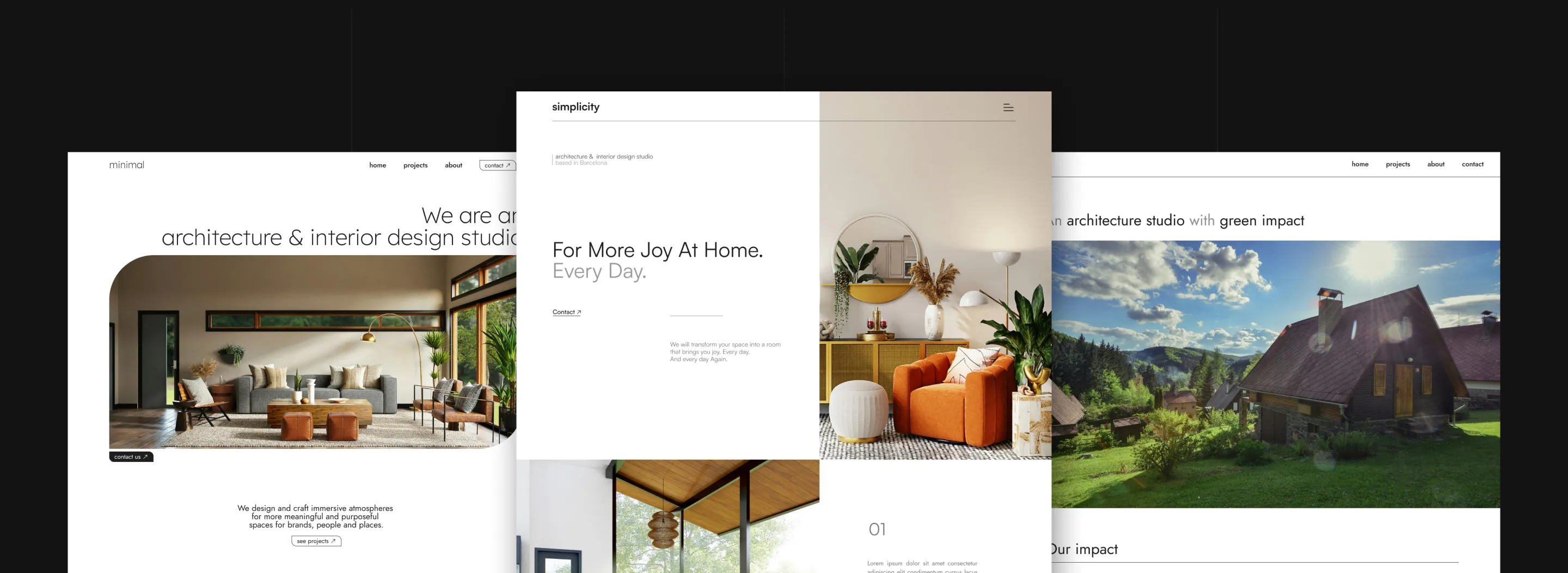 3 design drafts of a website of an architecture studio