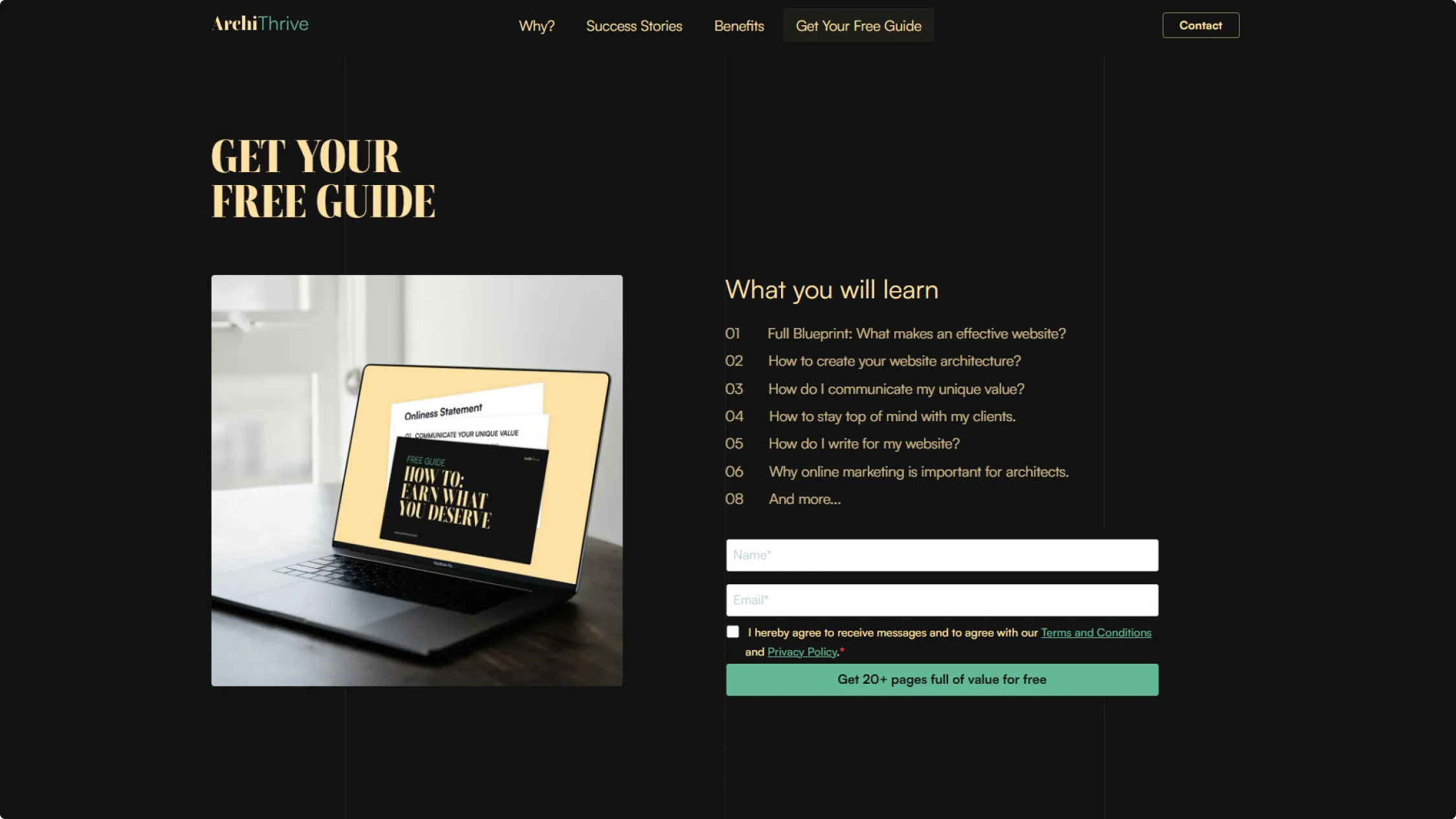 form on a website with a dark background next to a image of a laptop