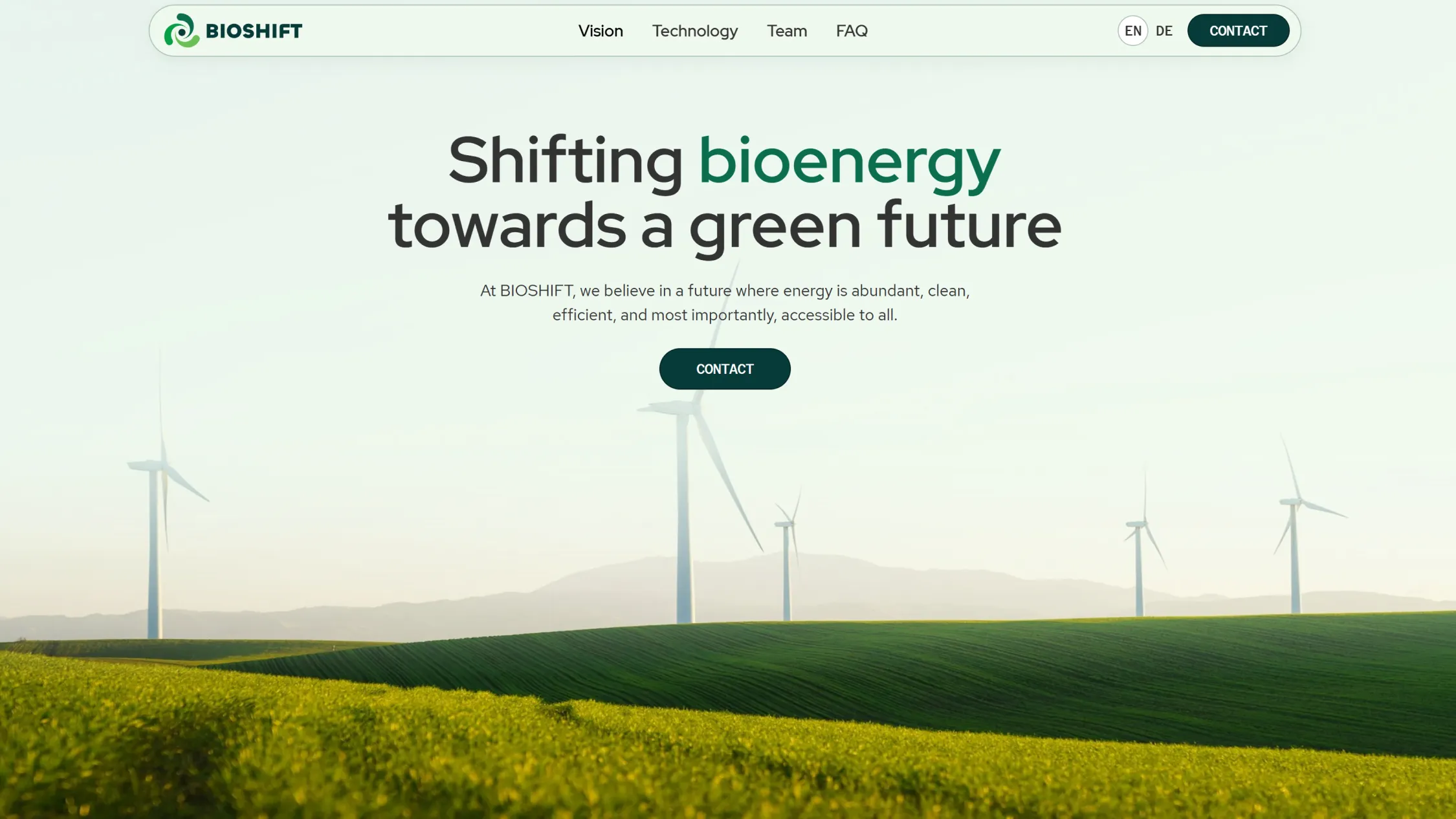 Website homepage header with the BIOSHIFT logo, menu, and a green landscape with wind turbines under a clear sky.
