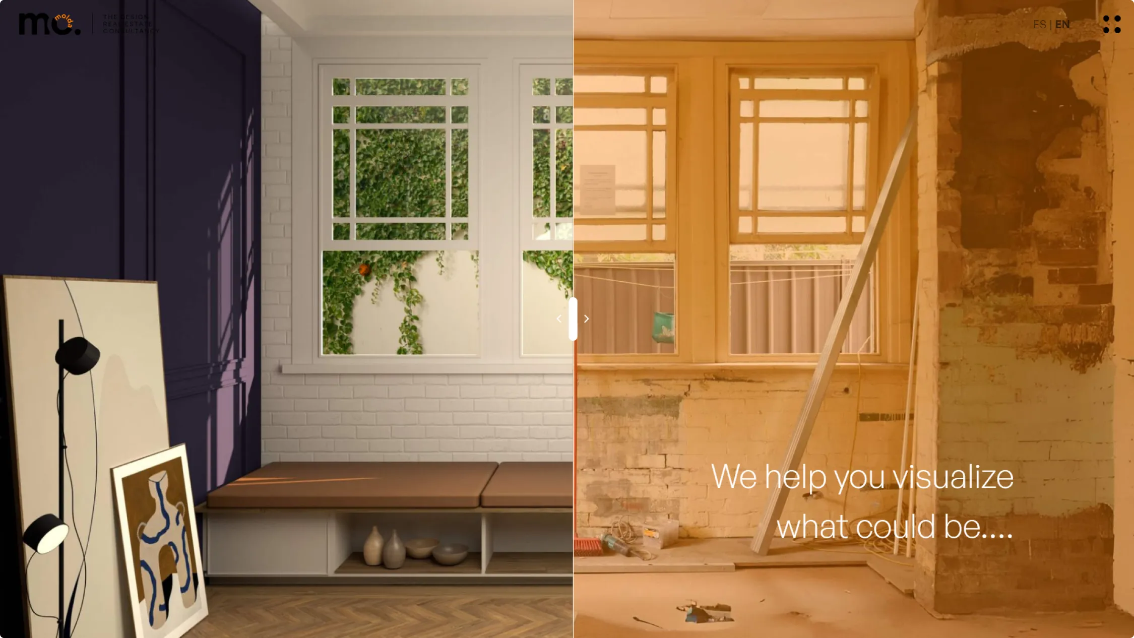 Comparison slider of a room before vs after the renovation 