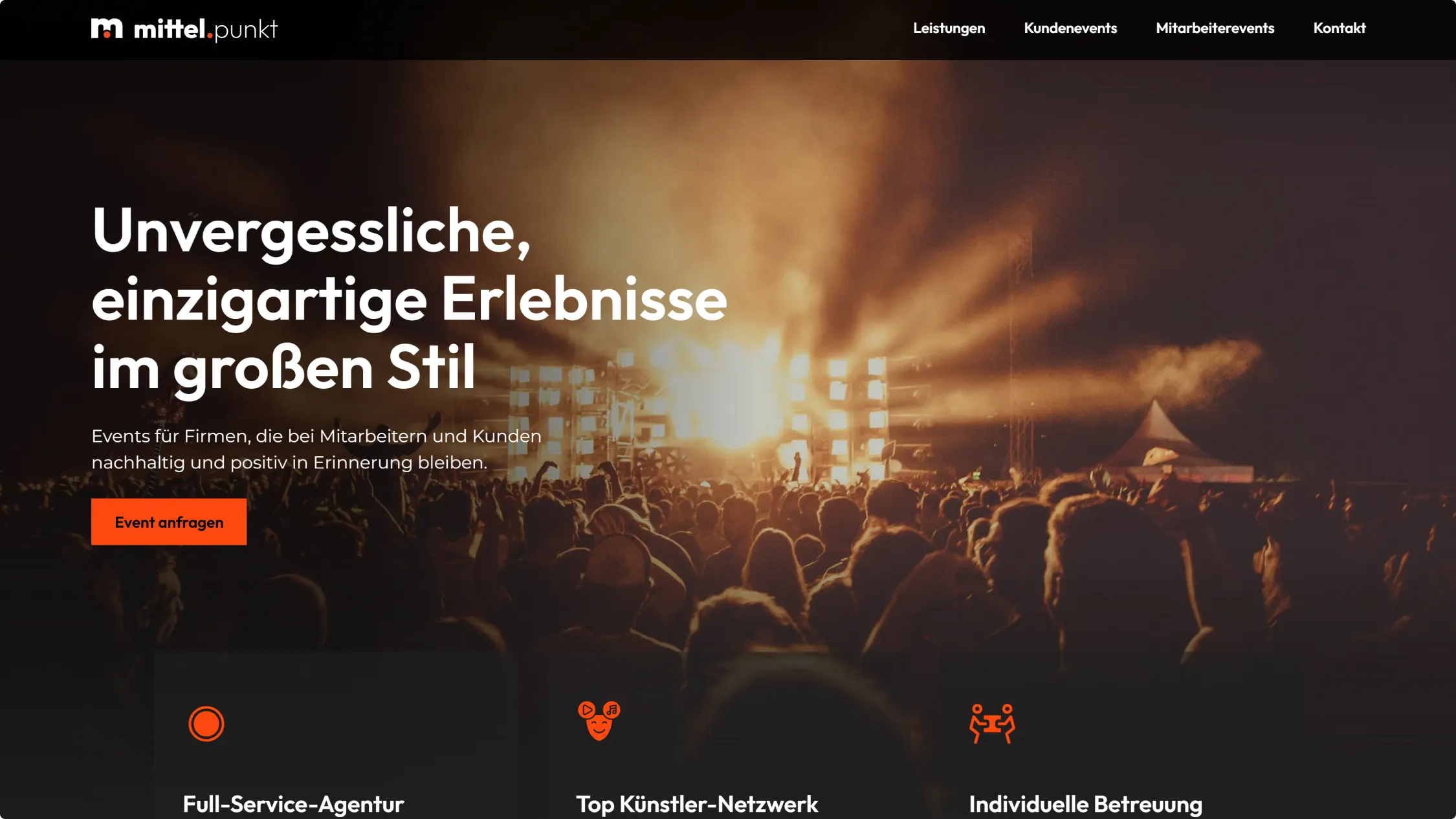 Screenshot of the website for an event agency.