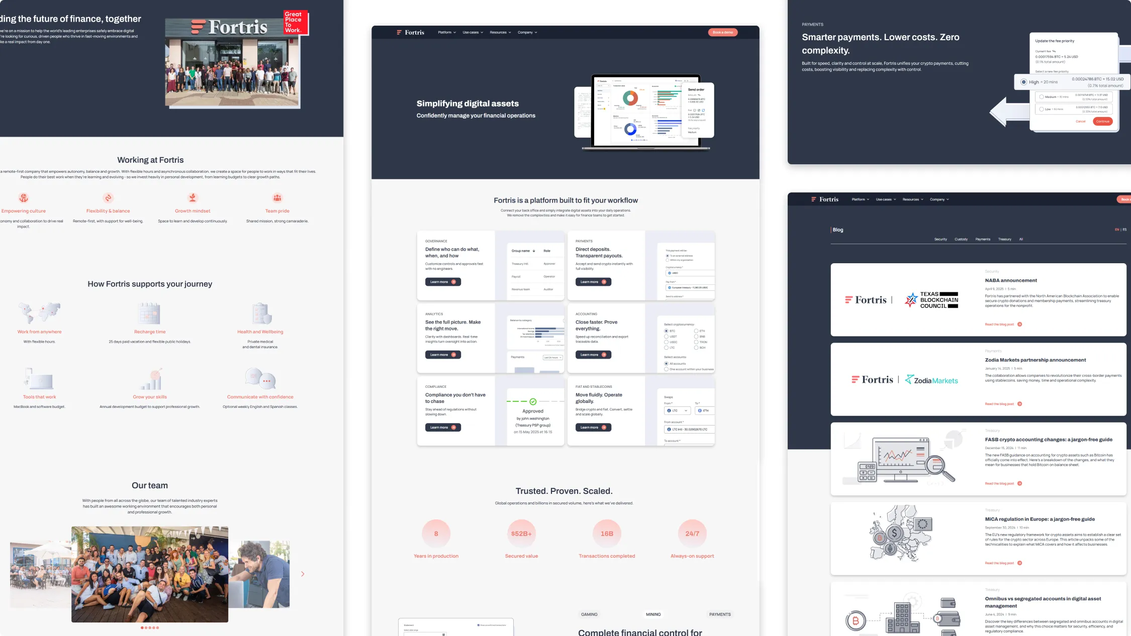 multiple screenshots of the Fortris website 