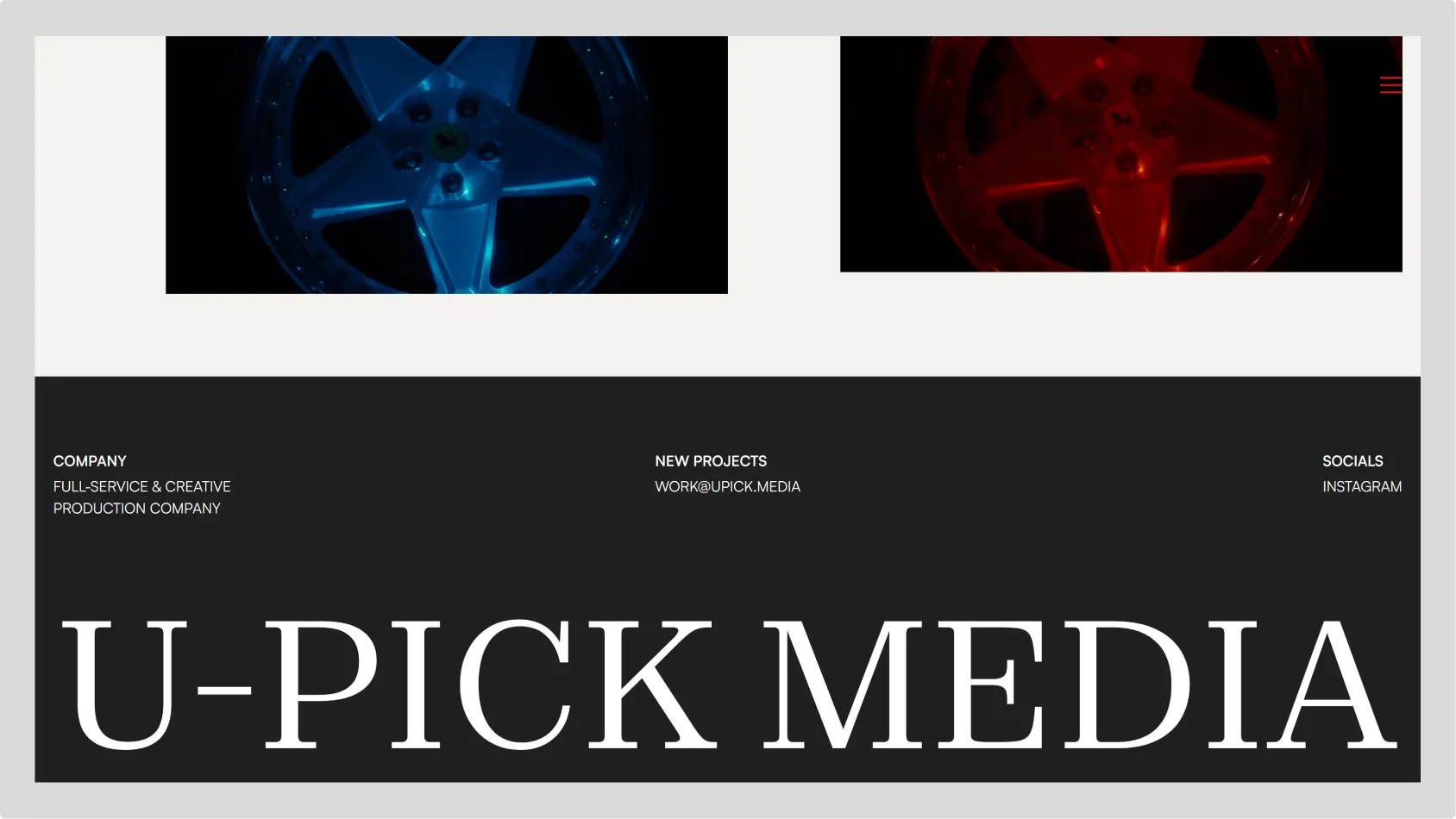 Website footer with two car wheels illuminated in blue and red above, featuring company info 'Full-service & creative production company,' contact email, and Instagram link, with large text 'U-PICK MEDIA'.
