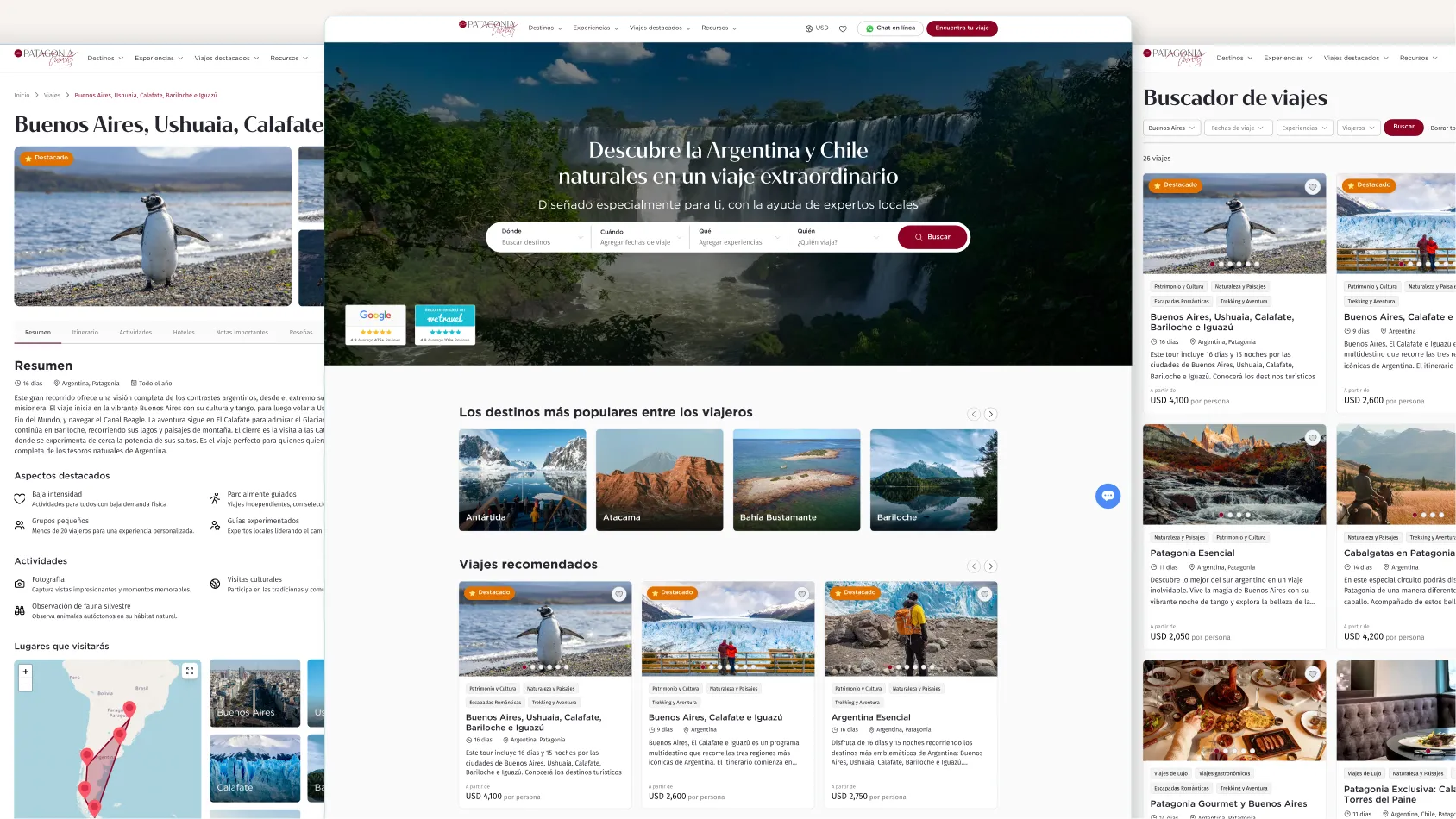Travel booking website showcasing popular destinations in Argentina and Chile with images of waterfalls, penguins, mountains, and trip details.